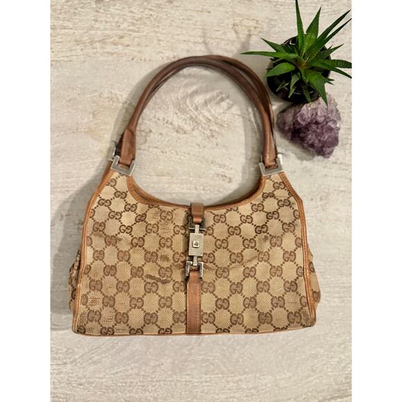 Vintage Gucci Bardot GG‎ Canvas Small Shoulder Bag Brown Leather TrimY2K Icon
